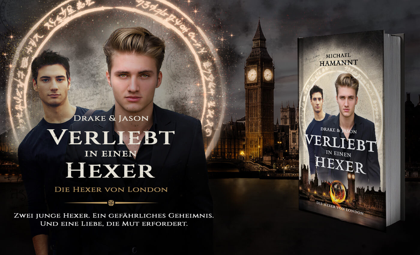 Banner zur romantischen MM-Romance zwischen den beiden attraktiven Hexern Drake und Jason.